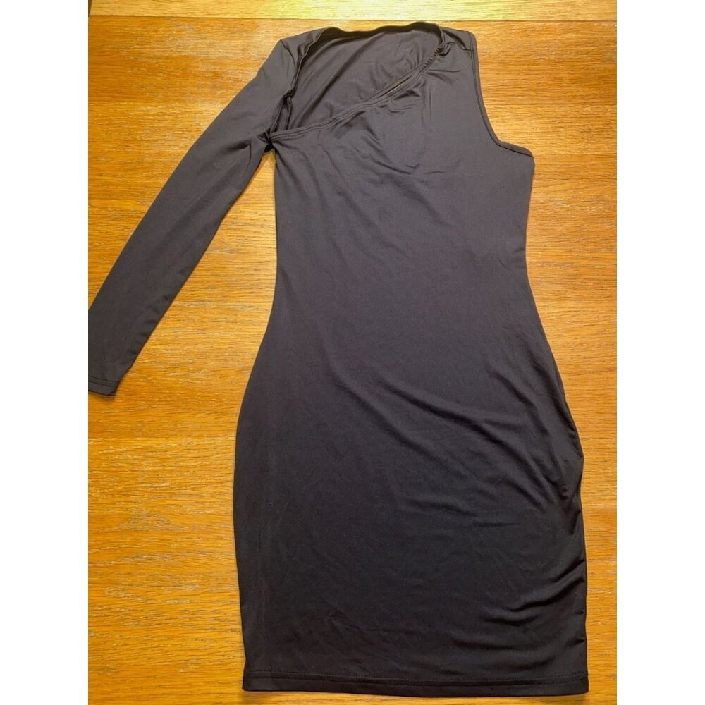 One Shoulder Black Bodycon Dress With Long Sleeve